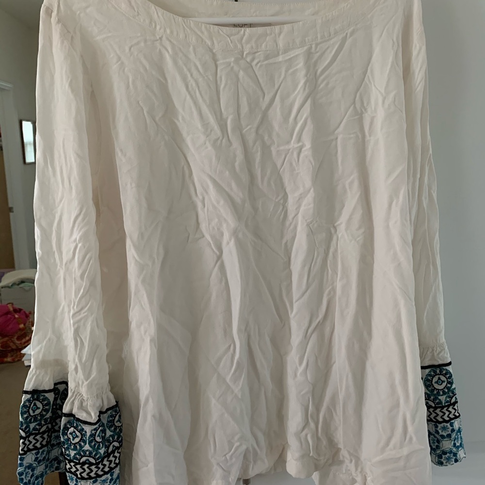 LOFT white blouse with embroidered bell sleeves